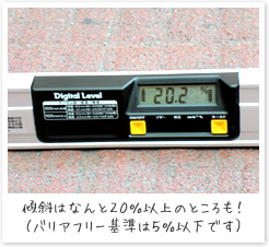 傾斜はなんと２０％以上のところも！（バリアフリー基準は５％以下です）